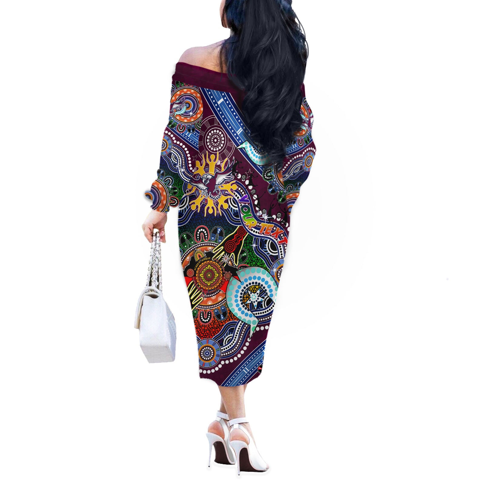 Personalised Eagles NAIDOC Week 2024 Off The Shoulder Long Sleeve Dress Australia Aboriginal Dot Painting