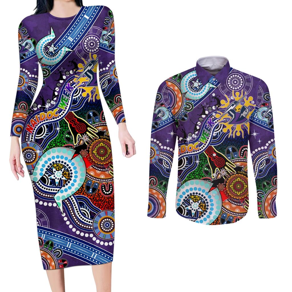 Personalised Storm NAIDOC Week 2024 Couples Matching Long Sleeve Bodycon Dress and Long Sleeve Button Shirt Australia Aboriginal Dot Painting