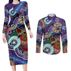 Personalised Storm NAIDOC Week 2024 Couples Matching Long Sleeve Bodycon Dress and Long Sleeve Button Shirt Australia Aboriginal Dot Painting