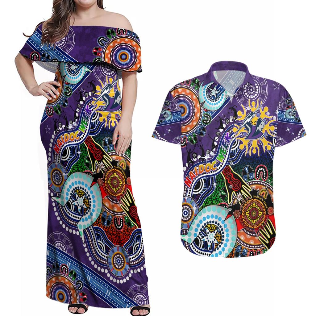Personalised Storm NAIDOC Week 2024 Couples Matching Off Shoulder Maxi Dress and Hawaiian Shirt Australia Aboriginal Dot Painting