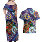 Personalised Storm NAIDOC Week 2024 Couples Matching Off Shoulder Maxi Dress and Hawaiian Shirt Australia Aboriginal Dot Painting
