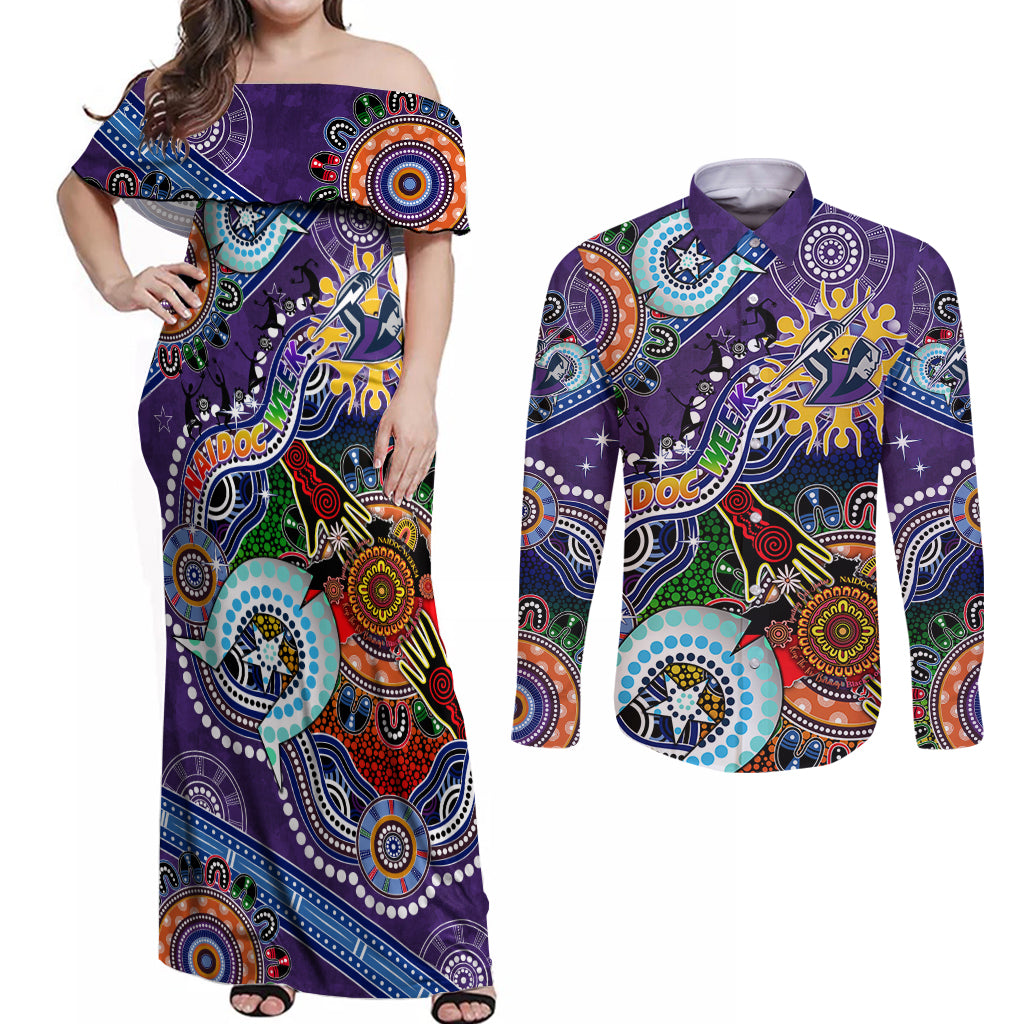 Personalised Storm NAIDOC Week 2024 Couples Matching Off Shoulder Maxi Dress and Long Sleeve Button Shirt Australia Aboriginal Dot Painting