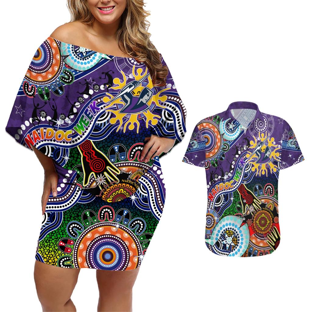Personalised Storm NAIDOC Week 2024 Couples Matching Off Shoulder Short Dress and Hawaiian Shirt Australia Aboriginal Dot Painting