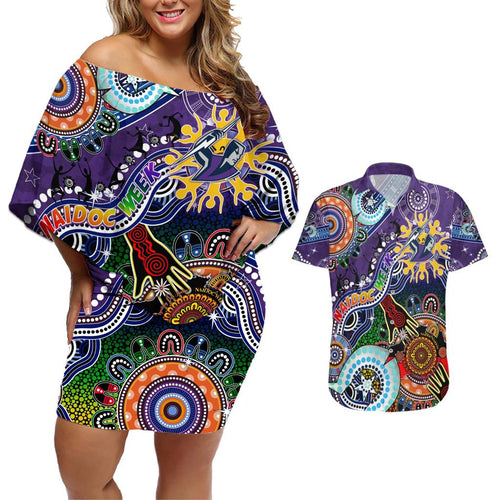 Personalised Storm NAIDOC Week 2024 Couples Matching Off Shoulder Short Dress and Hawaiian Shirt Australia Aboriginal Dot Painting
