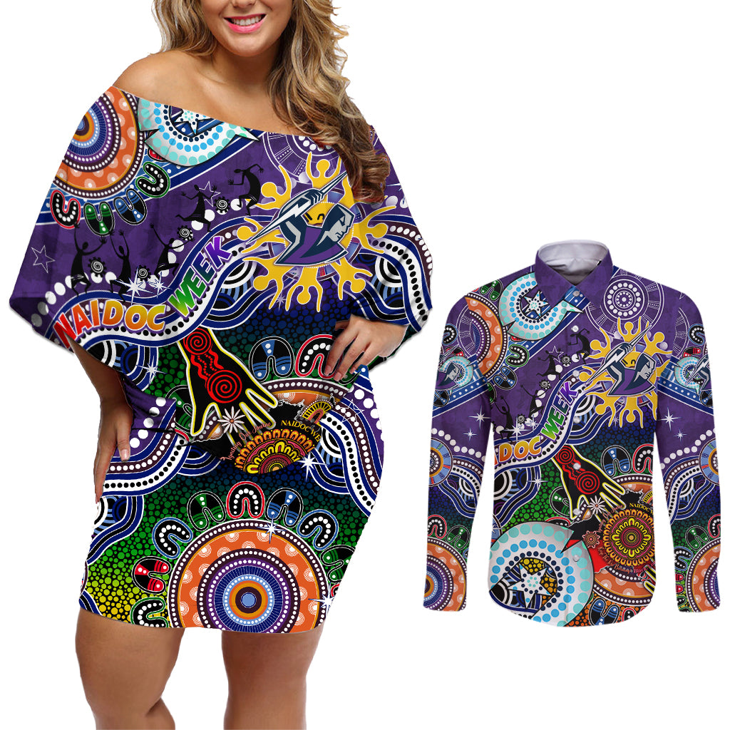 Personalised Storm NAIDOC Week 2024 Couples Matching Off Shoulder Short Dress and Long Sleeve Button Shirt Australia Aboriginal Dot Painting