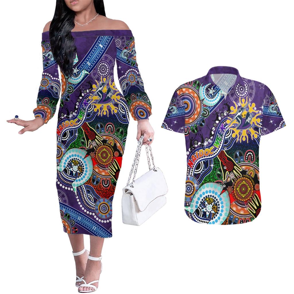 Personalised Storm NAIDOC Week 2024 Couples Matching Off The Shoulder Long Sleeve Dress and Hawaiian Shirt Australia Aboriginal Dot Painting