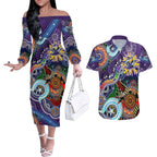 Personalised Storm NAIDOC Week 2024 Couples Matching Off The Shoulder Long Sleeve Dress and Hawaiian Shirt Australia Aboriginal Dot Painting