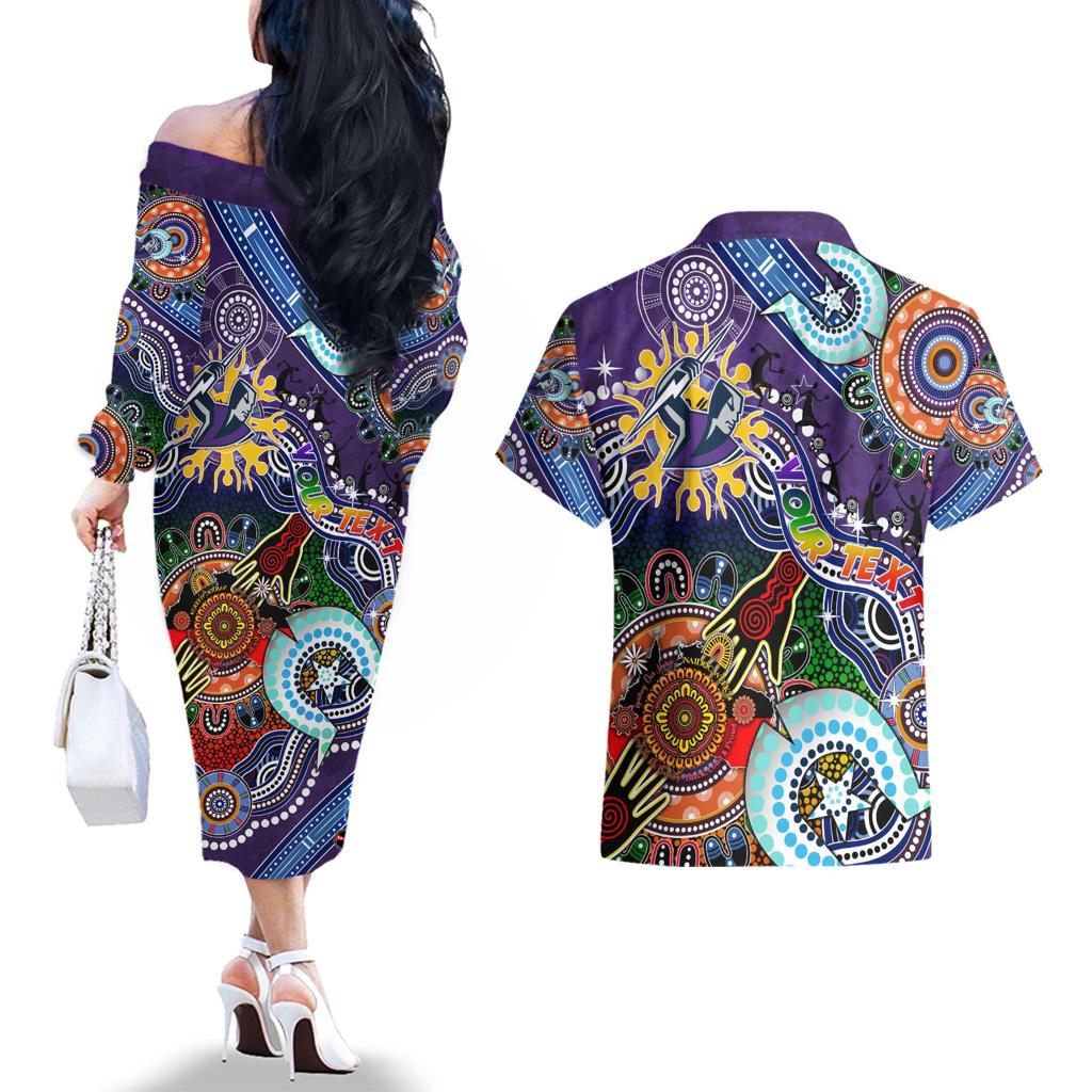 Personalised Storm NAIDOC Week 2024 Couples Matching Off The Shoulder Long Sleeve Dress and Hawaiian Shirt Australia Aboriginal Dot Painting