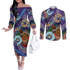 Personalised Storm NAIDOC Week 2024 Couples Matching Off The Shoulder Long Sleeve Dress and Long Sleeve Button Shirt Australia Aboriginal Dot Painting