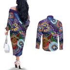 Personalised Storm NAIDOC Week 2024 Couples Matching Off The Shoulder Long Sleeve Dress and Long Sleeve Button Shirt Australia Aboriginal Dot Painting