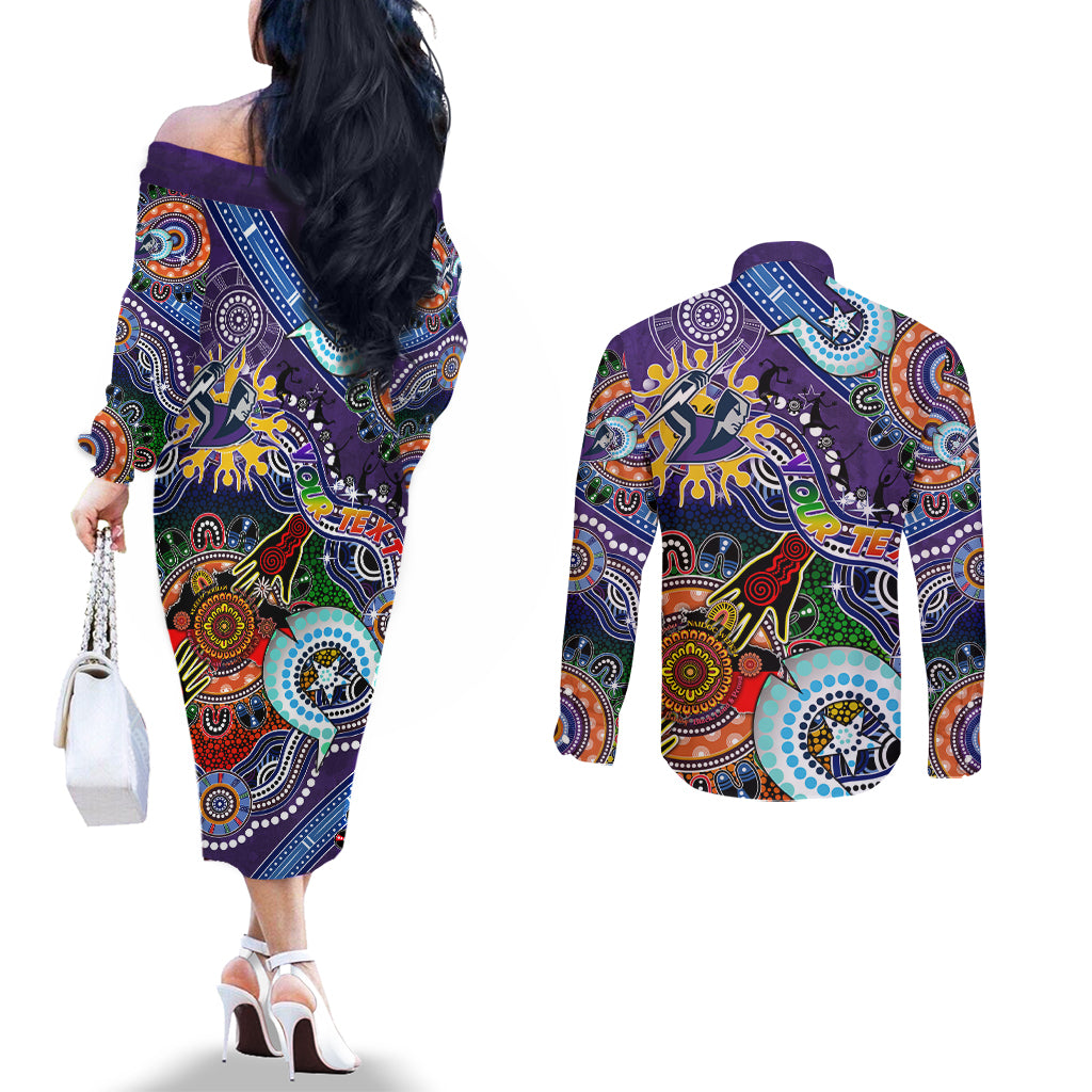Personalised Storm NAIDOC Week 2024 Couples Matching Off The Shoulder Long Sleeve Dress and Long Sleeve Button Shirt Australia Aboriginal Dot Painting