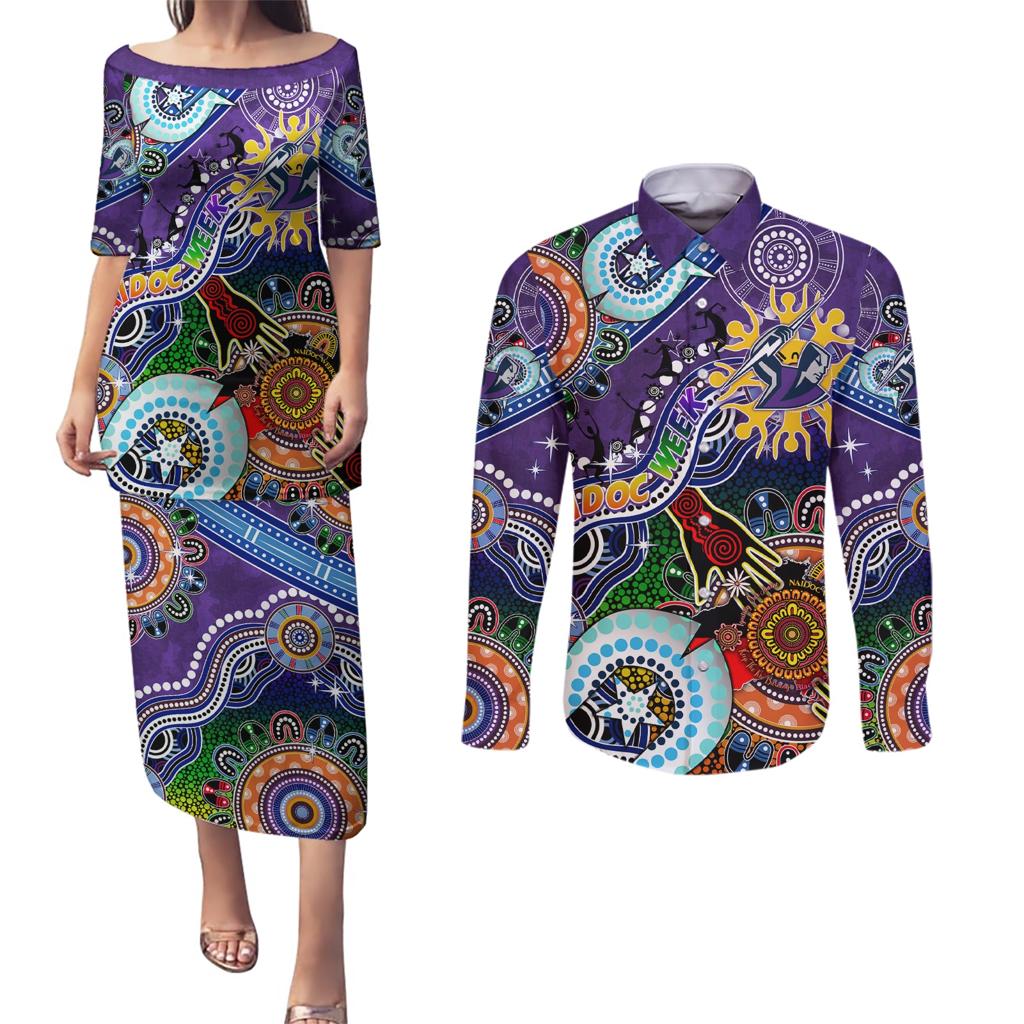 Personalised Storm NAIDOC Week 2024 Couples Matching Puletasi and Long Sleeve Button Shirt Australia Aboriginal Dot Painting