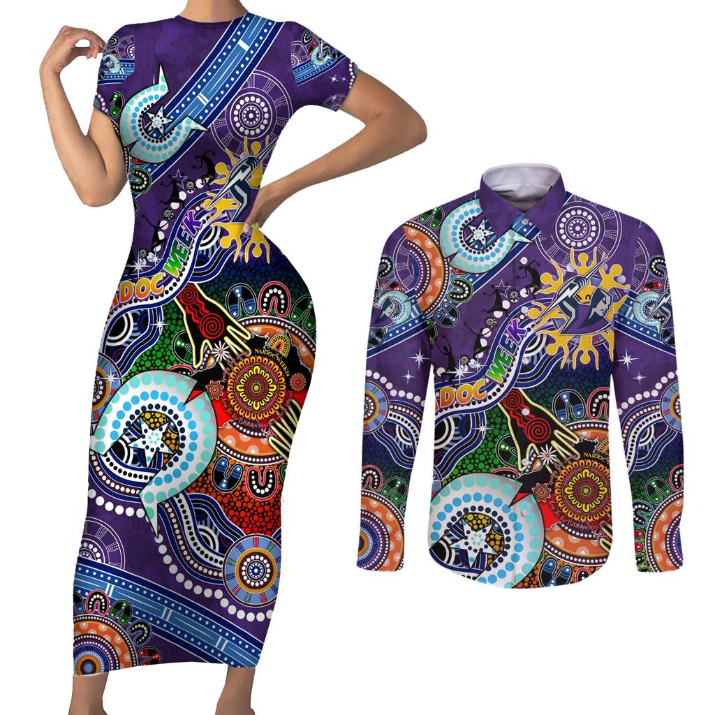 Personalised Storm NAIDOC Week 2024 Couples Matching Short Sleeve Bodycon Dress and Long Sleeve Button Shirt Australia Aboriginal Dot Painting