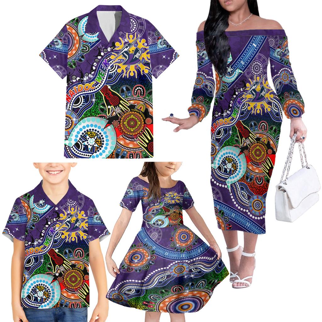 Personalised Storm NAIDOC Week 2024 Family Matching Off The Shoulder Long Sleeve Dress and Hawaiian Shirt Australia Aboriginal Dot Painting