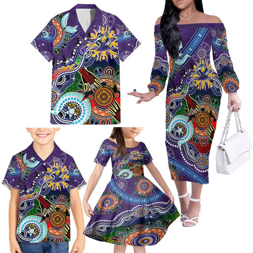 Personalised Storm NAIDOC Week 2024 Family Matching Off The Shoulder Long Sleeve Dress and Hawaiian Shirt Australia Aboriginal Dot Painting