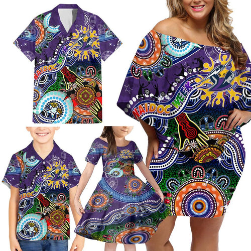 Personalised Storm NAIDOC Week 2024 Family Matching Off Shoulder Short Dress and Hawaiian Shirt Australia Aboriginal Dot Painting