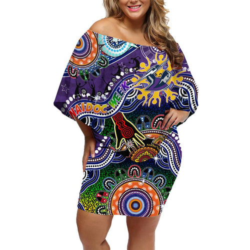 Personalised Storm NAIDOC Week 2024 Family Matching Off Shoulder Short Dress and Hawaiian Shirt Australia Aboriginal Dot Painting