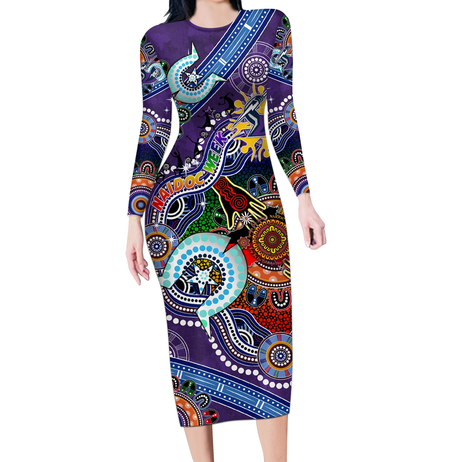 Personalised Storm NAIDOC Week 2024 Long Sleeve Bodycon Dress Australia Aboriginal Dot Painting