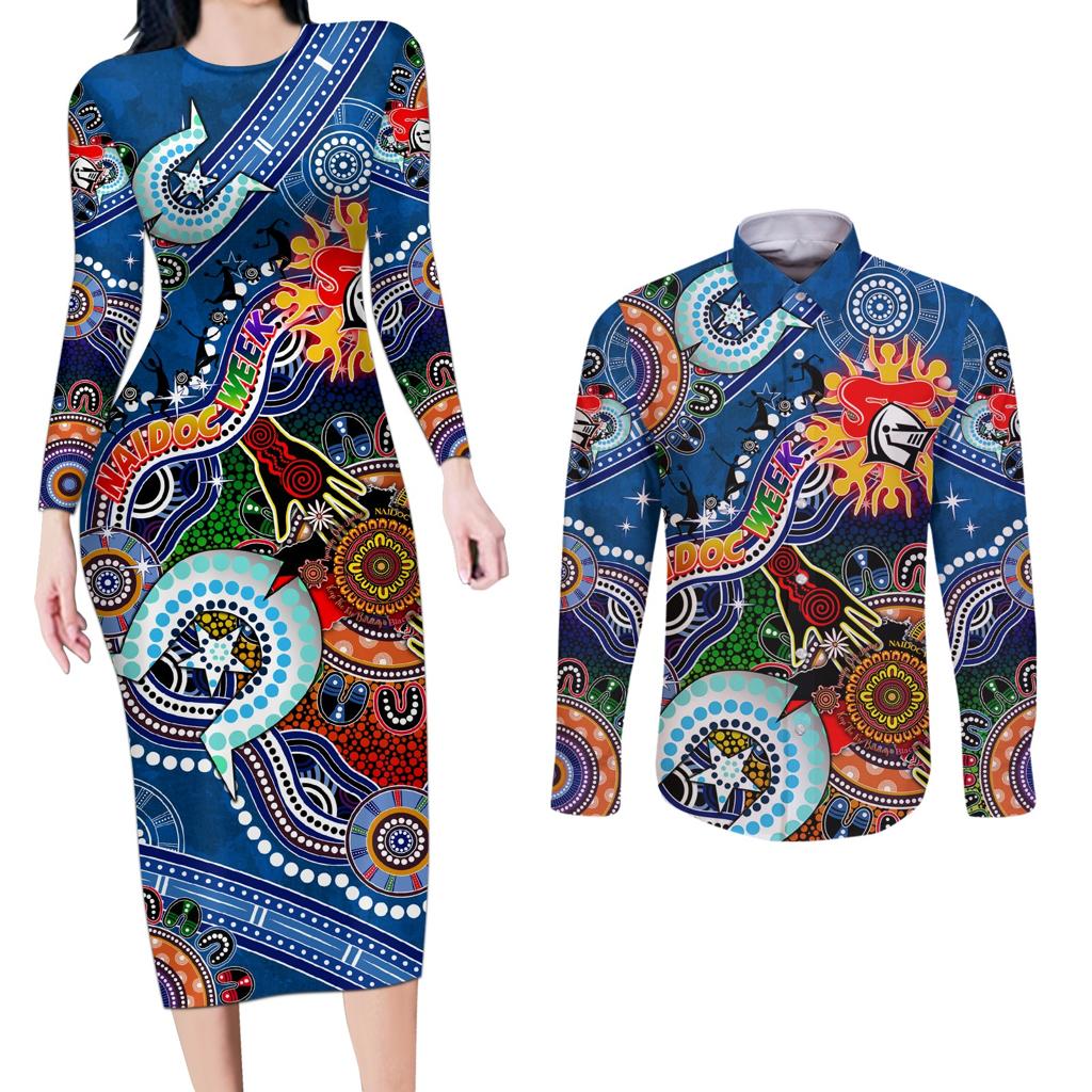 Personalised Knights NAIDOC Week 2024 Couples Matching Long Sleeve Bodycon Dress and Long Sleeve Button Shirt Australia Aboriginal Dot Painting
