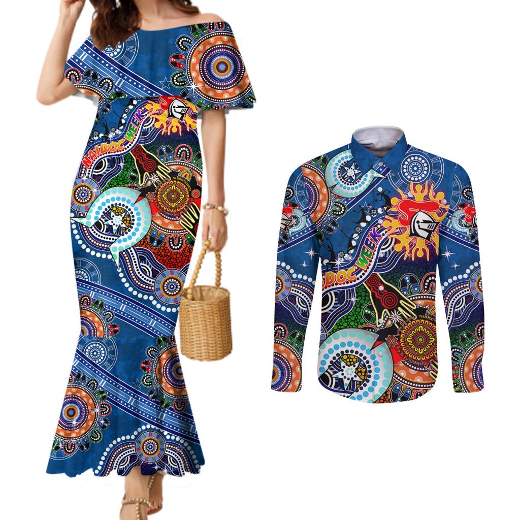 Personalised Knights NAIDOC Week 2024 Couples Matching Mermaid Dress and Long Sleeve Button Shirt Australia Aboriginal Dot Painting