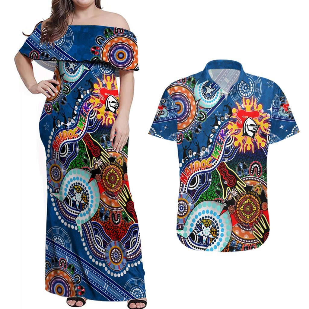 Personalised Knights NAIDOC Week 2024 Couples Matching Off Shoulder Maxi Dress and Hawaiian Shirt Australia Aboriginal Dot Painting