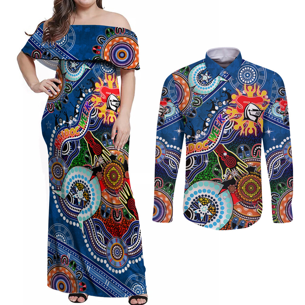 Personalised Knights NAIDOC Week 2024 Couples Matching Off Shoulder Maxi Dress and Long Sleeve Button Shirt Australia Aboriginal Dot Painting