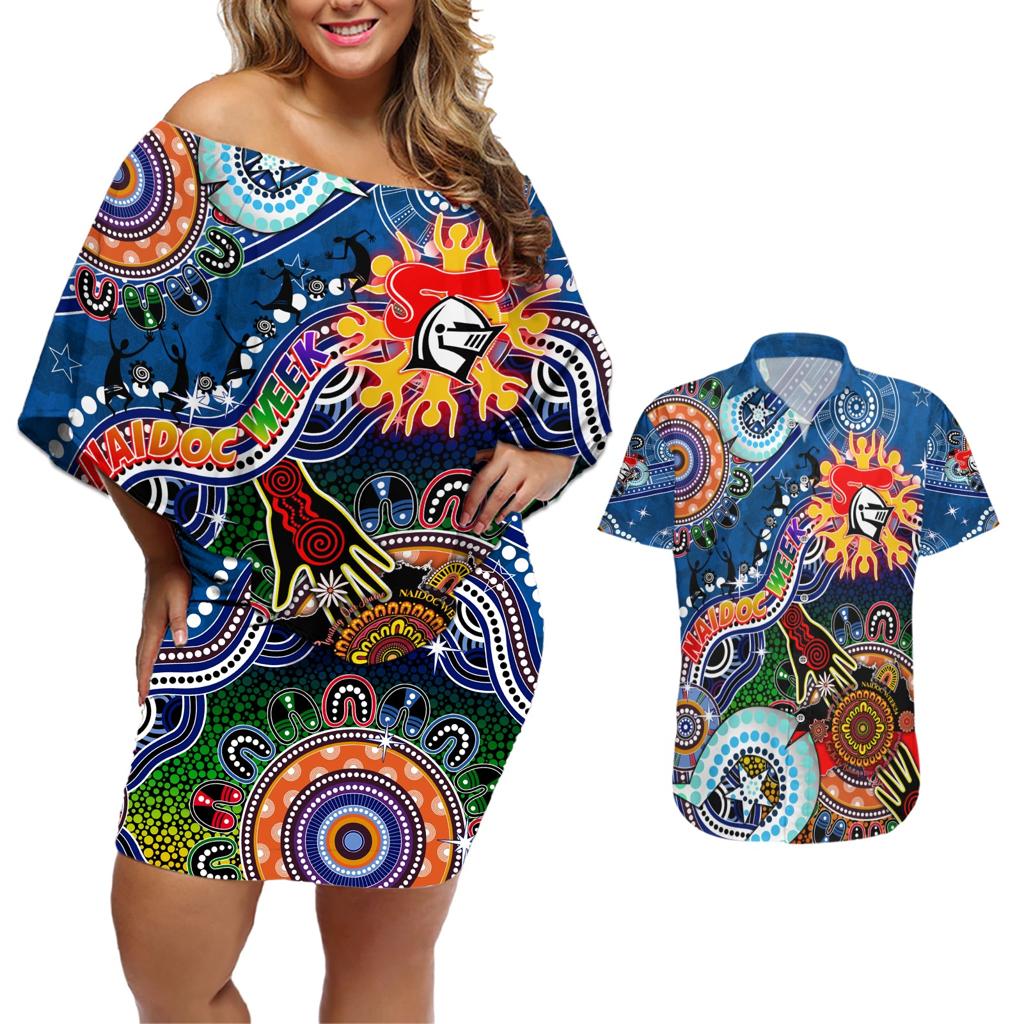Personalised Knights NAIDOC Week 2024 Couples Matching Off Shoulder Short Dress and Hawaiian Shirt Australia Aboriginal Dot Painting