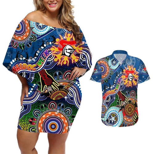 Personalised Knights NAIDOC Week 2024 Couples Matching Off Shoulder Short Dress and Hawaiian Shirt Australia Aboriginal Dot Painting