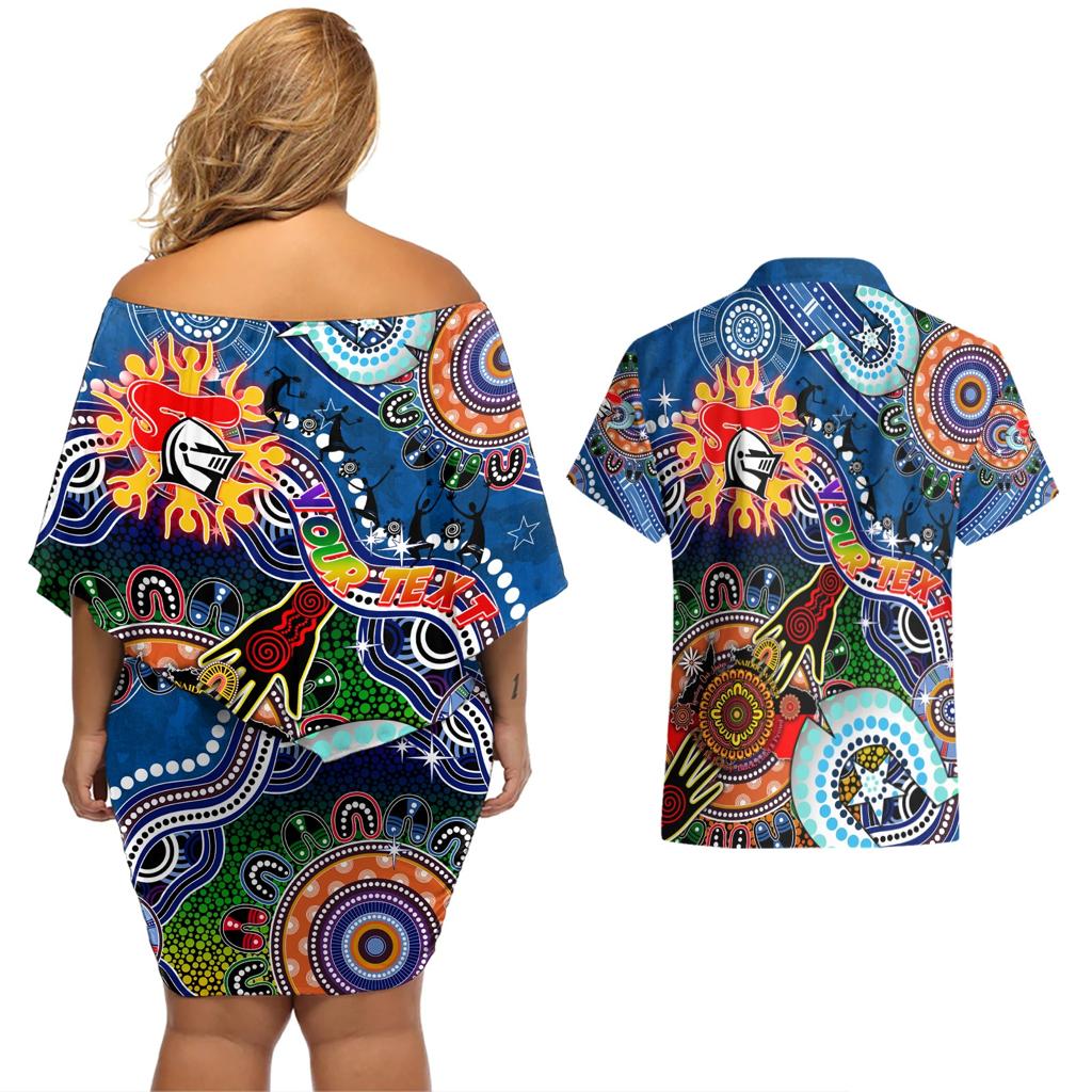 Personalised Knights NAIDOC Week 2024 Couples Matching Off Shoulder Short Dress and Hawaiian Shirt Australia Aboriginal Dot Painting