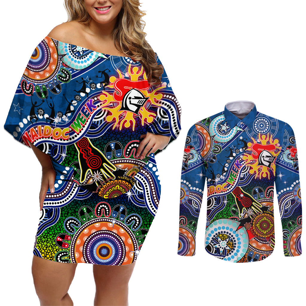 Personalised Knights NAIDOC Week 2024 Couples Matching Off Shoulder Short Dress and Long Sleeve Button Shirt Australia Aboriginal Dot Painting