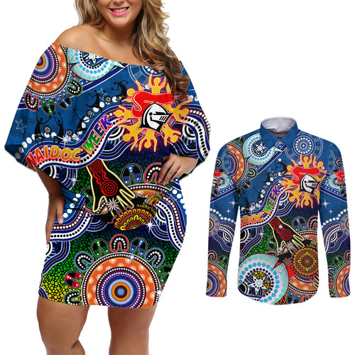 Personalised Knights NAIDOC Week 2024 Couples Matching Off Shoulder Short Dress and Long Sleeve Button Shirt Australia Aboriginal Dot Painting