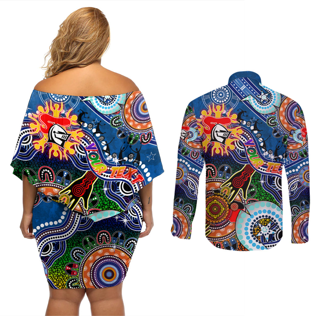 Personalised Knights NAIDOC Week 2024 Couples Matching Off Shoulder Short Dress and Long Sleeve Button Shirt Australia Aboriginal Dot Painting