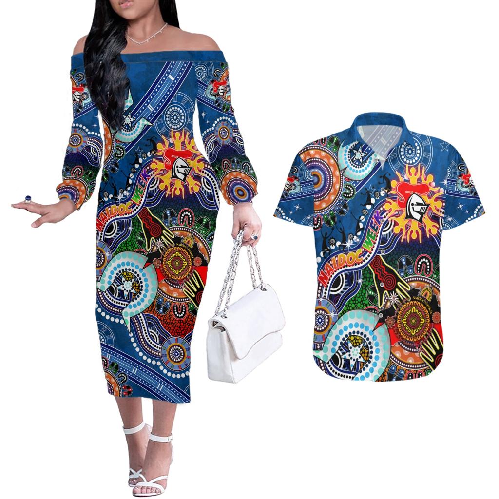 Personalised Knights NAIDOC Week 2024 Couples Matching Off The Shoulder Long Sleeve Dress and Hawaiian Shirt Australia Aboriginal Dot Painting