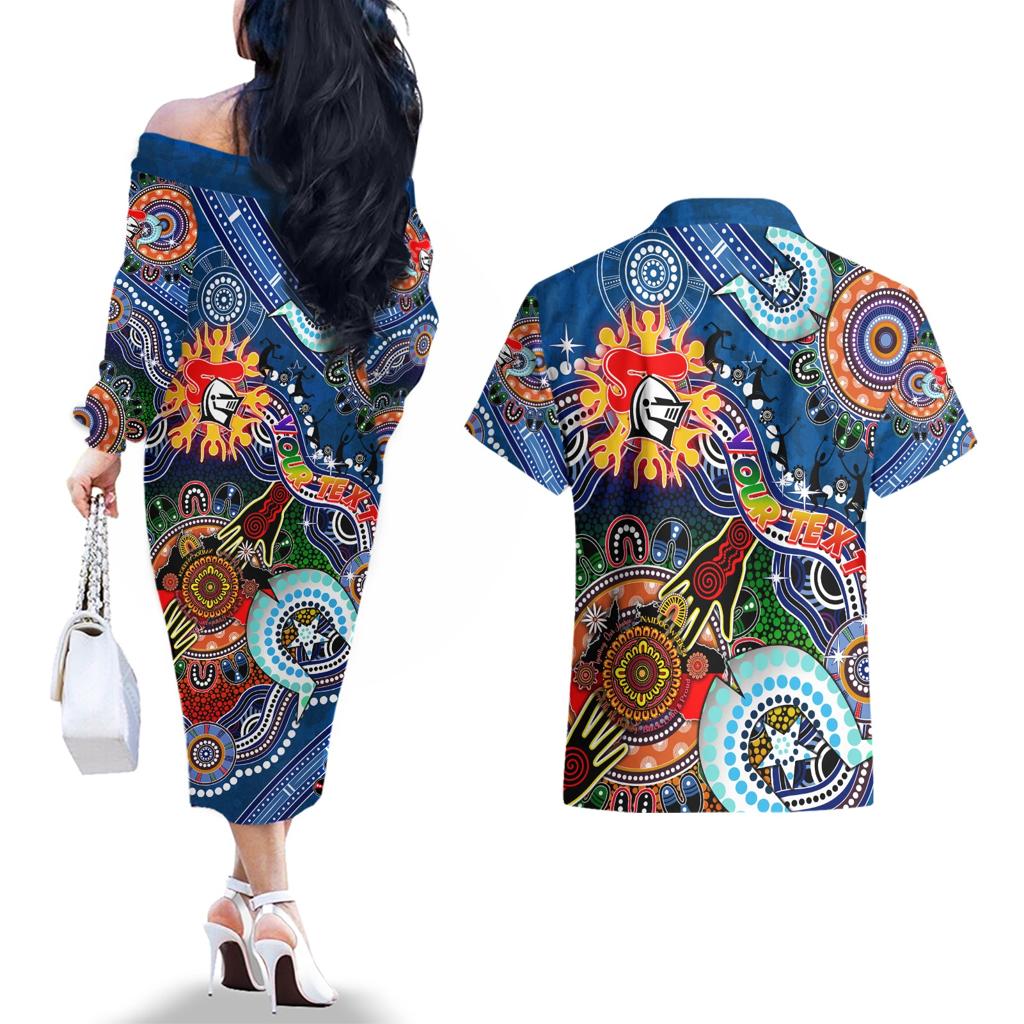 Personalised Knights NAIDOC Week 2024 Couples Matching Off The Shoulder Long Sleeve Dress and Hawaiian Shirt Australia Aboriginal Dot Painting