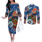 Personalised Knights NAIDOC Week 2024 Couples Matching Off The Shoulder Long Sleeve Dress and Long Sleeve Button Shirt Australia Aboriginal Dot Painting