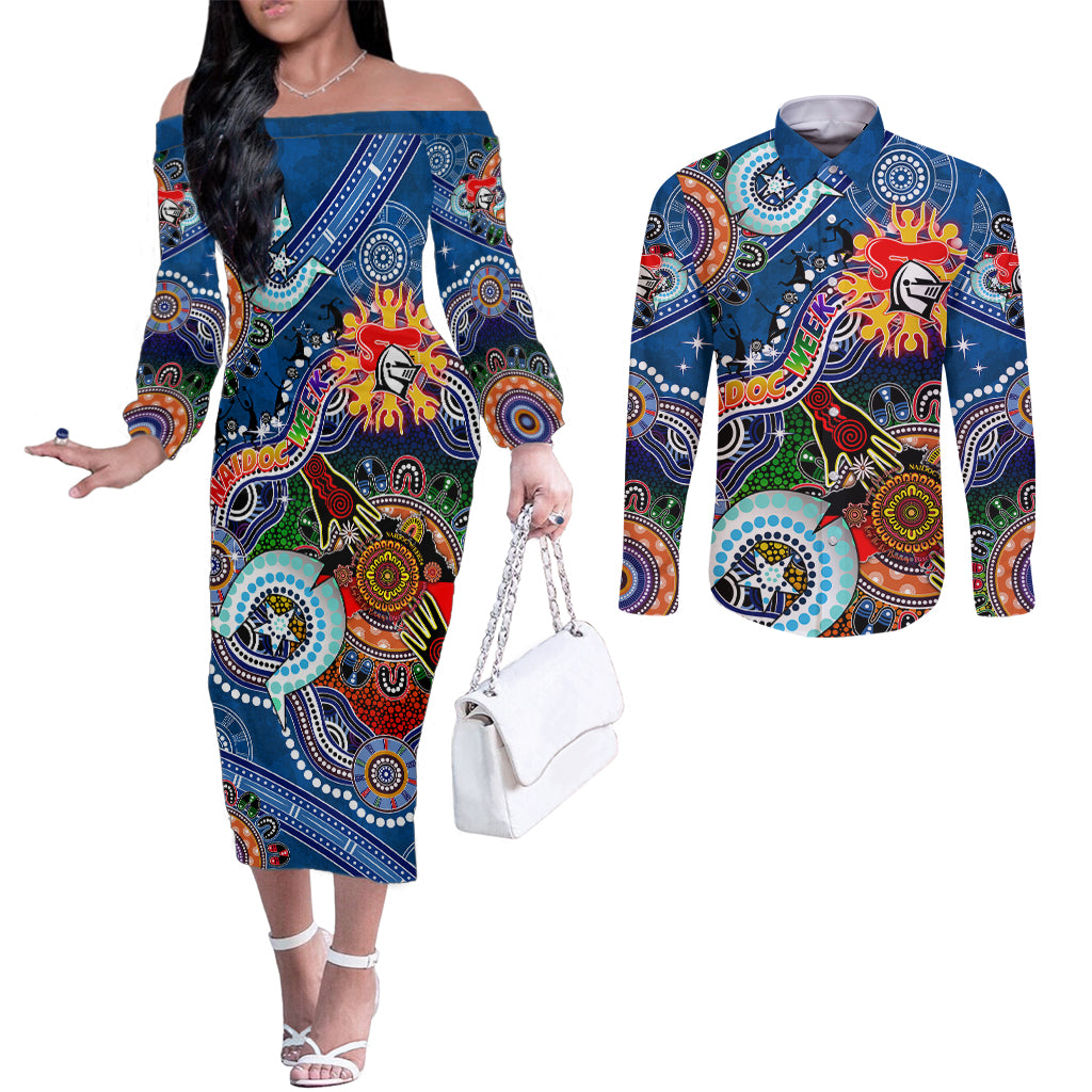 Personalised Knights NAIDOC Week 2024 Couples Matching Off The Shoulder Long Sleeve Dress and Long Sleeve Button Shirt Australia Aboriginal Dot Painting