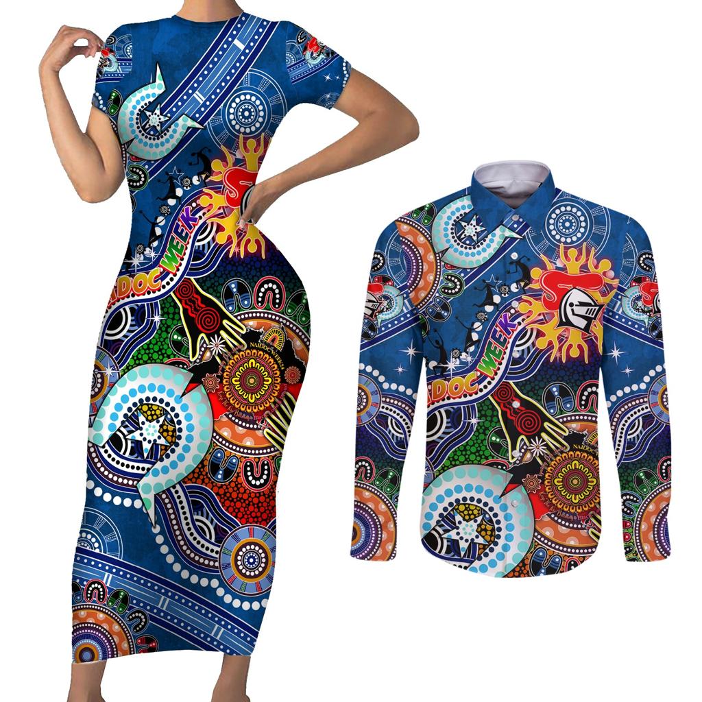 Personalised Knights NAIDOC Week 2024 Couples Matching Short Sleeve Bodycon Dress and Long Sleeve Button Shirt Australia Aboriginal Dot Painting