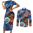 Personalised Knights NAIDOC Week 2024 Couples Matching Short Sleeve Bodycon Dress and Long Sleeve Button Shirt Australia Aboriginal Dot Painting