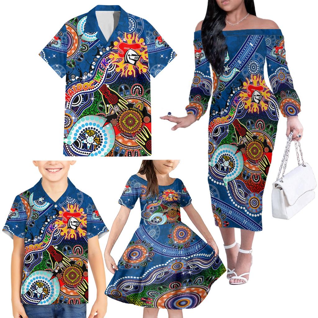 Personalised Knights NAIDOC Week 2024 Family Matching Off The Shoulder Long Sleeve Dress and Hawaiian Shirt Australia Aboriginal Dot Painting