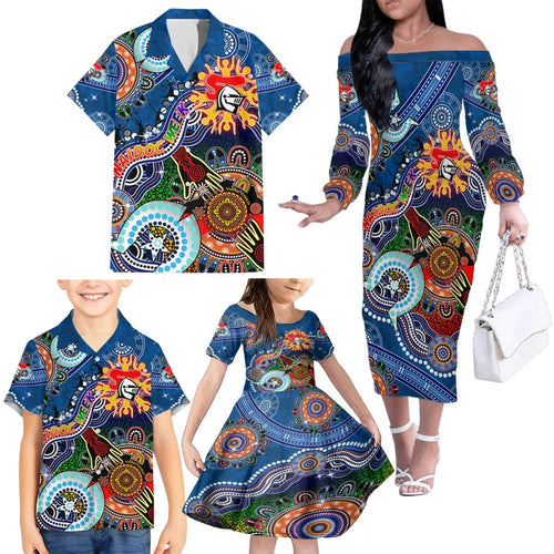 Personalised Knights NAIDOC Week 2024 Family Matching Off The Shoulder Long Sleeve Dress and Hawaiian Shirt Australia Aboriginal Dot Painting