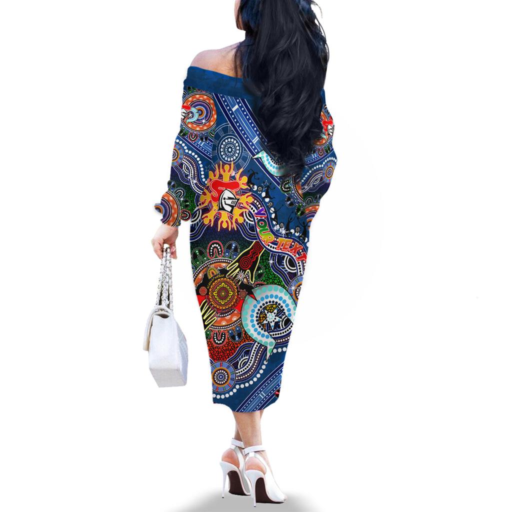Personalised Knights NAIDOC Week 2024 Family Matching Off The Shoulder Long Sleeve Dress and Hawaiian Shirt Australia Aboriginal Dot Painting