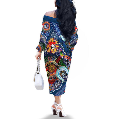 Personalised Knights NAIDOC Week 2024 Family Matching Off The Shoulder Long Sleeve Dress and Hawaiian Shirt Australia Aboriginal Dot Painting