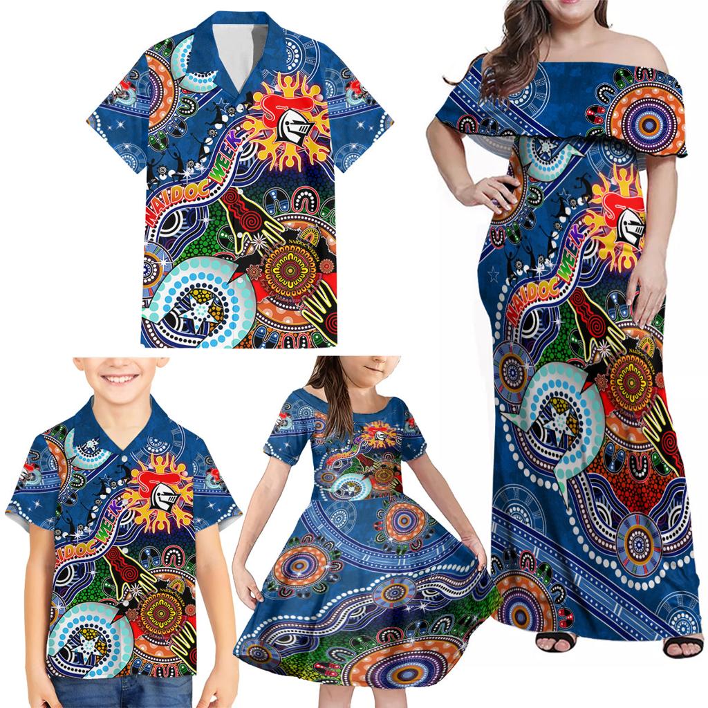 Personalised Knights NAIDOC Week 2024 Family Matching Off Shoulder Maxi Dress and Hawaiian Shirt Australia Aboriginal Dot Painting