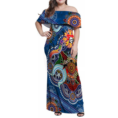 Personalised Knights NAIDOC Week 2024 Family Matching Off Shoulder Maxi Dress and Hawaiian Shirt Australia Aboriginal Dot Painting