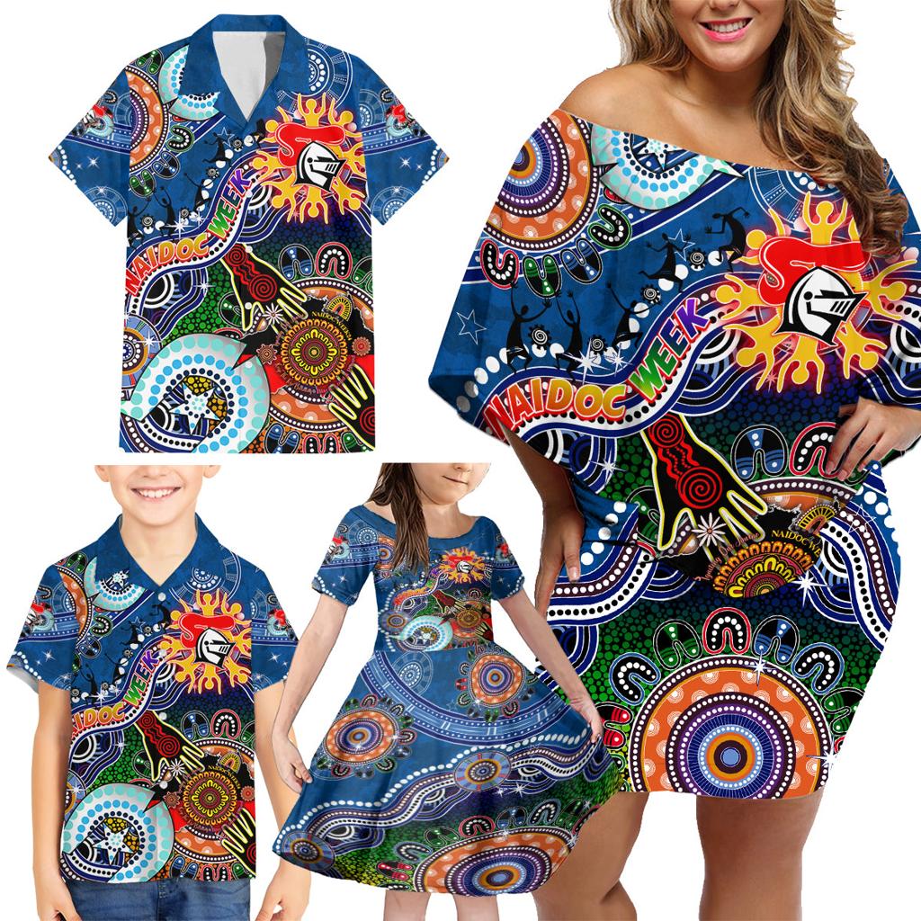 Personalised Knights NAIDOC Week 2024 Family Matching Off Shoulder Short Dress and Hawaiian Shirt Australia Aboriginal Dot Painting
