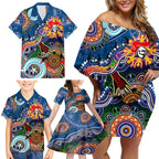 Personalised Knights NAIDOC Week 2024 Family Matching Off Shoulder Short Dress and Hawaiian Shirt Australia Aboriginal Dot Painting