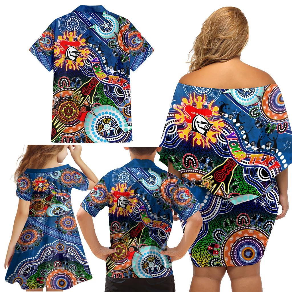 Personalised Knights NAIDOC Week 2024 Family Matching Off Shoulder Short Dress and Hawaiian Shirt Australia Aboriginal Dot Painting