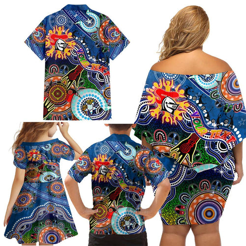 Personalised Knights NAIDOC Week 2024 Family Matching Off Shoulder Short Dress and Hawaiian Shirt Australia Aboriginal Dot Painting