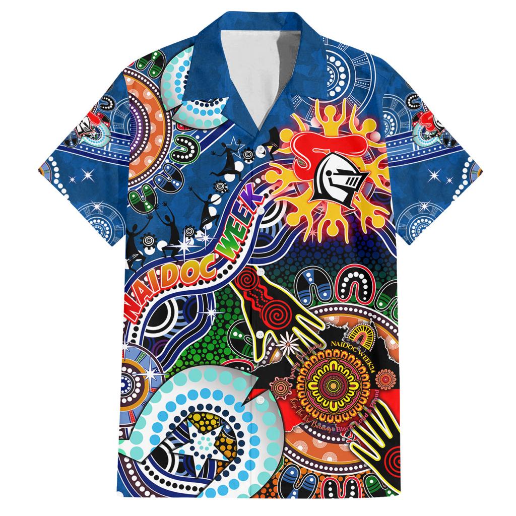 Personalised Knights NAIDOC Week 2024 Family Matching Off Shoulder Short Dress and Hawaiian Shirt Australia Aboriginal Dot Painting