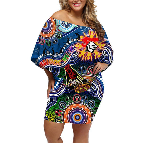 Personalised Knights NAIDOC Week 2024 Family Matching Off Shoulder Short Dress and Hawaiian Shirt Australia Aboriginal Dot Painting